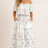 Printed Off-shoulder Short-sleeve Maxi Dress