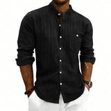 Linen Jacquard Striped Loose-fit Casual Stand-collar Long-sleeve Shirt