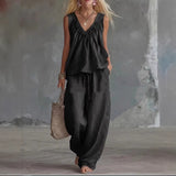 Casual Cotton Sleeveless Ruffle-Trim Top Set