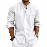 Linen Jacquard Striped Loose-fit Casual Stand-collar Long-sleeve Shirt