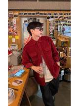 Retro Wine-Red Corduroy Lapel Long-Sleeve Shirt