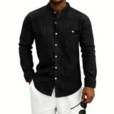 Linen Jacquard Striped Loose-fit Casual Stand-collar Long-sleeve Shirt