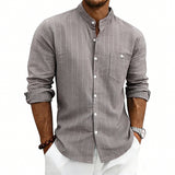 Linen Jacquard Striped Loose-fit Casual Stand-collar Long-sleeve Shirt