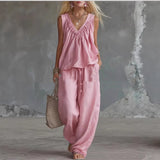 Casual Cotton Sleeveless Ruffle-Trim Top Set